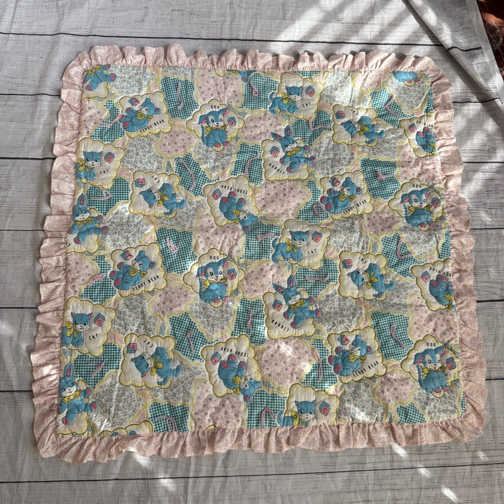 Vintage Handmade Quilt Blanket Animals Pink Blue Yellow Ruffle Edge
